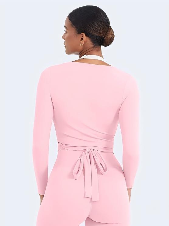Pink Mira wrap active set, back tie view