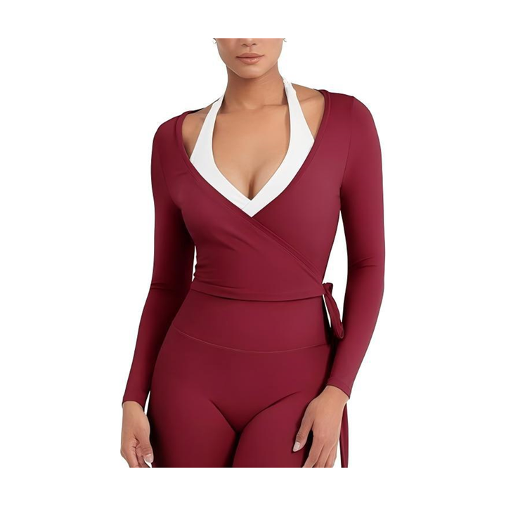 The Elara Mira modal wrap active set in burgundy