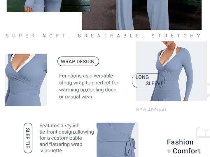 Wrap design, long sleeves and adjustable tie features of the Mira active set
