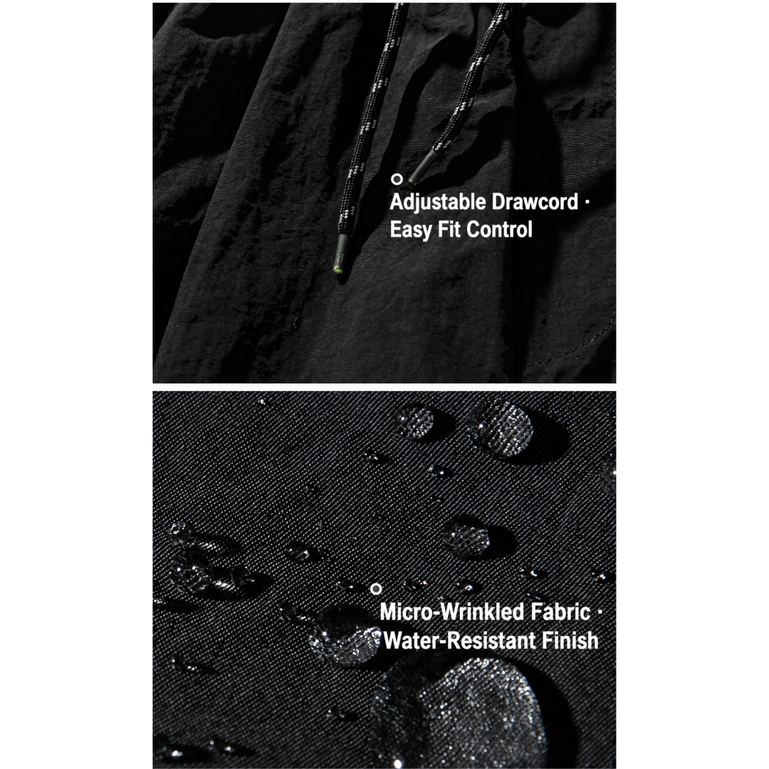 Adjustable drawcord and water-resistant micro-wrinkled fabric details