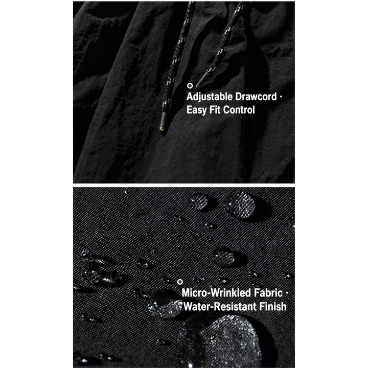 Adjustable drawcord and water-resistant micro-wrinkled fabric details