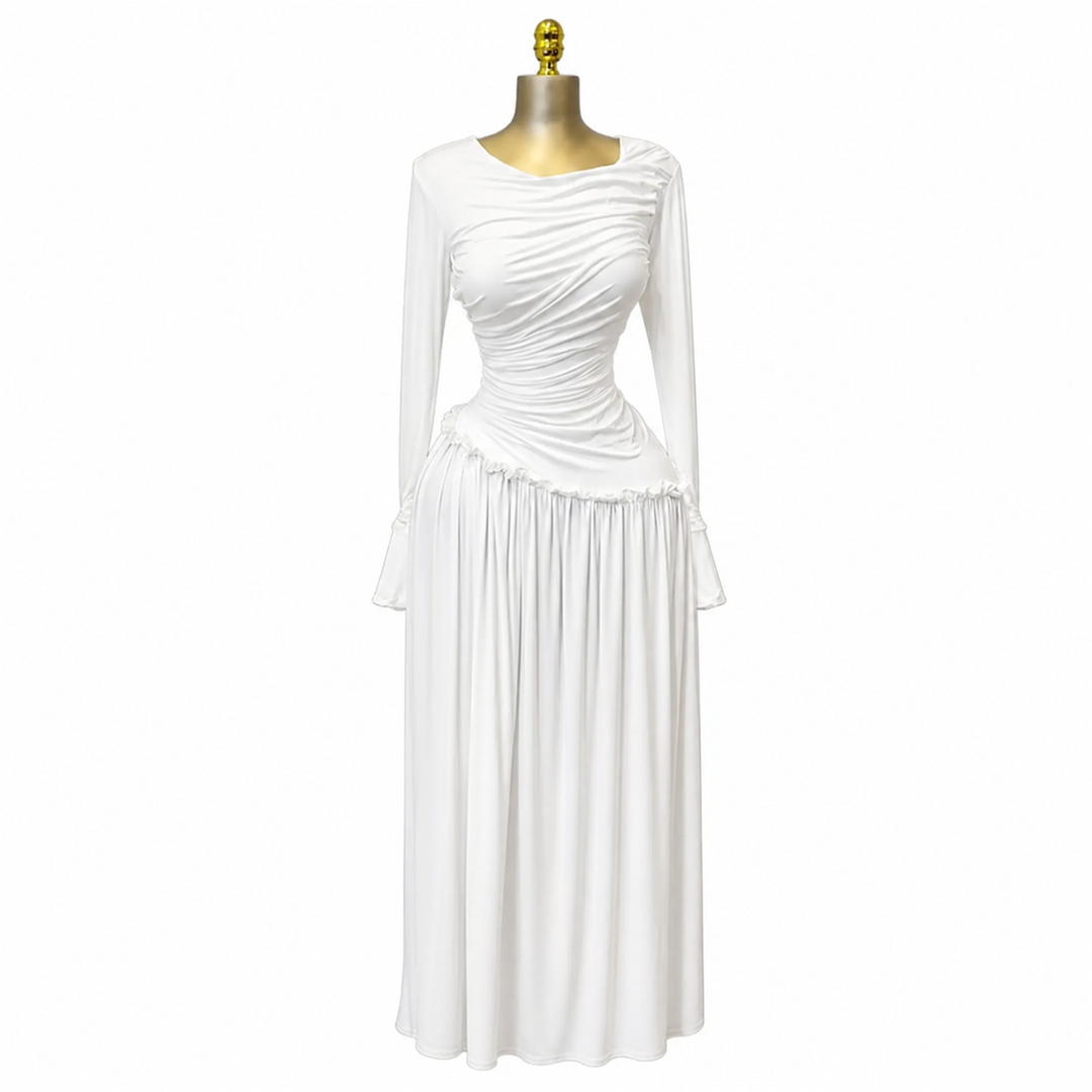 The ElaraSway draped seam maxi dress in white