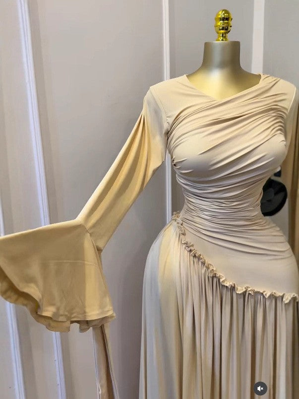 Light khaki ElaraSway dress showing the flared sleeve detail