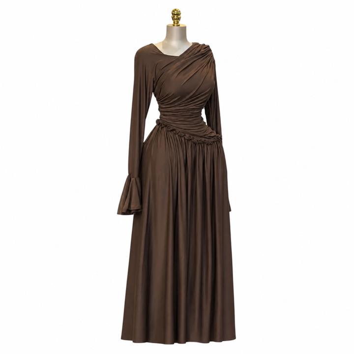 The ElaraSway draped seam maxi dress in dark brown