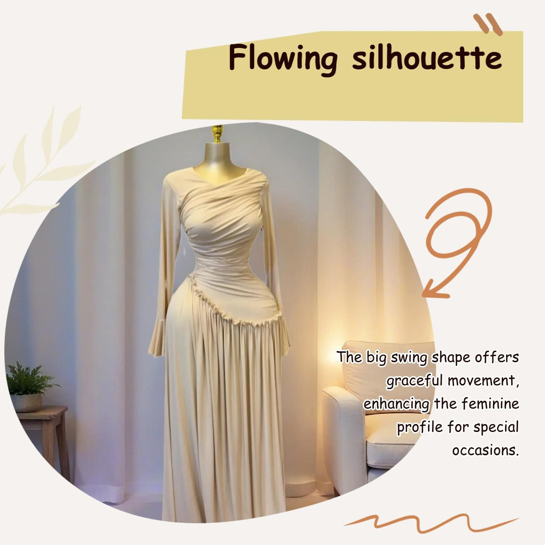 Seasonal fabric and flowing silhouette details of the ElaraSway dress