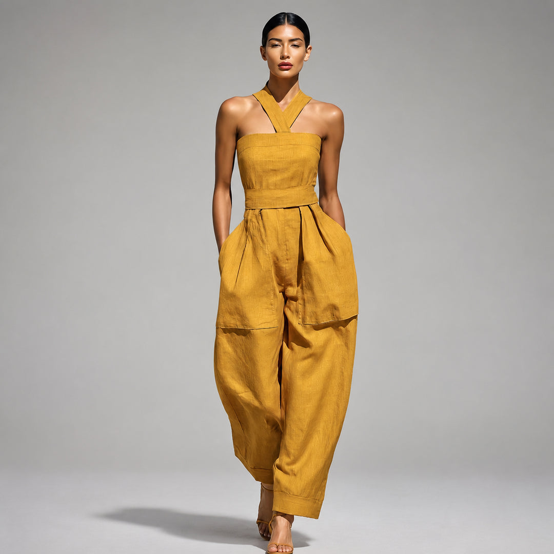 The Elara halter-neck linen-blend jumpsuit in Sunflower, front view