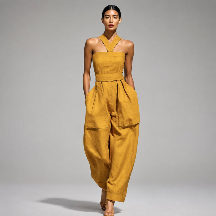 The Elara halter-neck linen-blend jumpsuit in Sunflower, front view