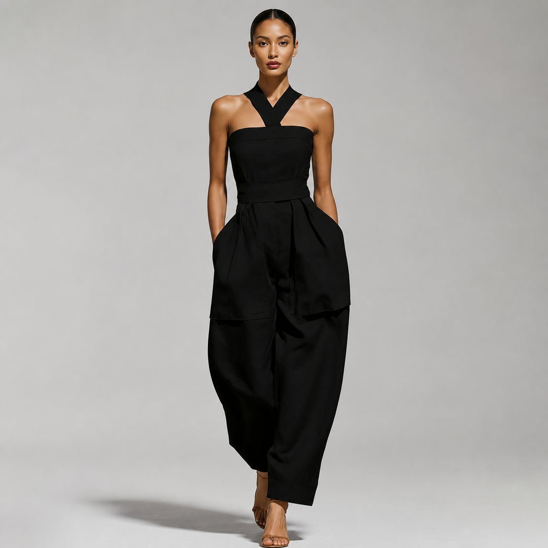 The Elara halter-neck linen-blend jumpsuit in Black, front view