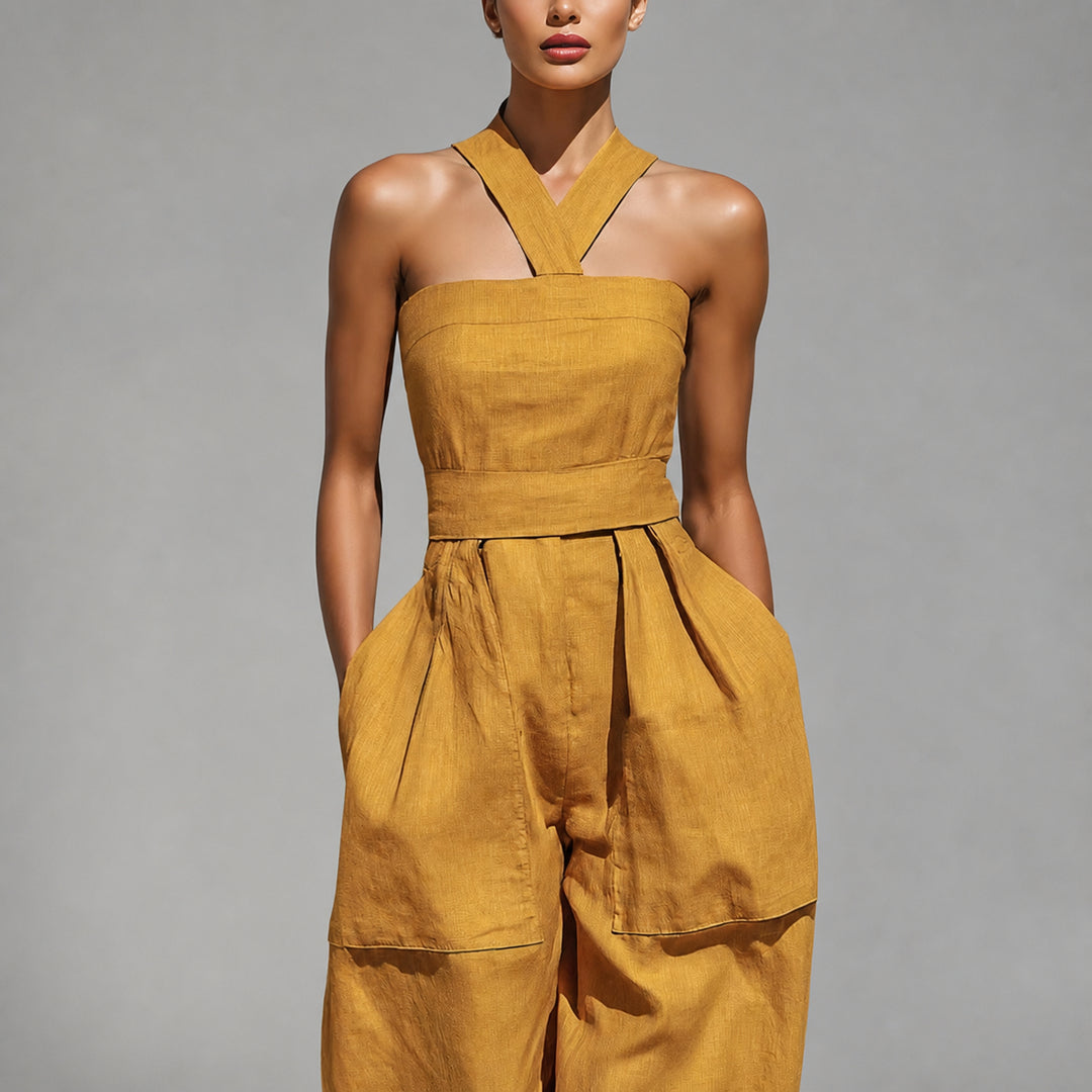 Crossed halter neckline, waist panel and oversized pocket detail