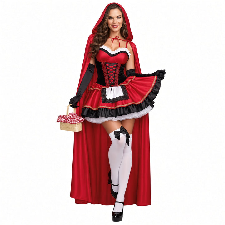 The Elara crimson hooded storybook costume set, front view