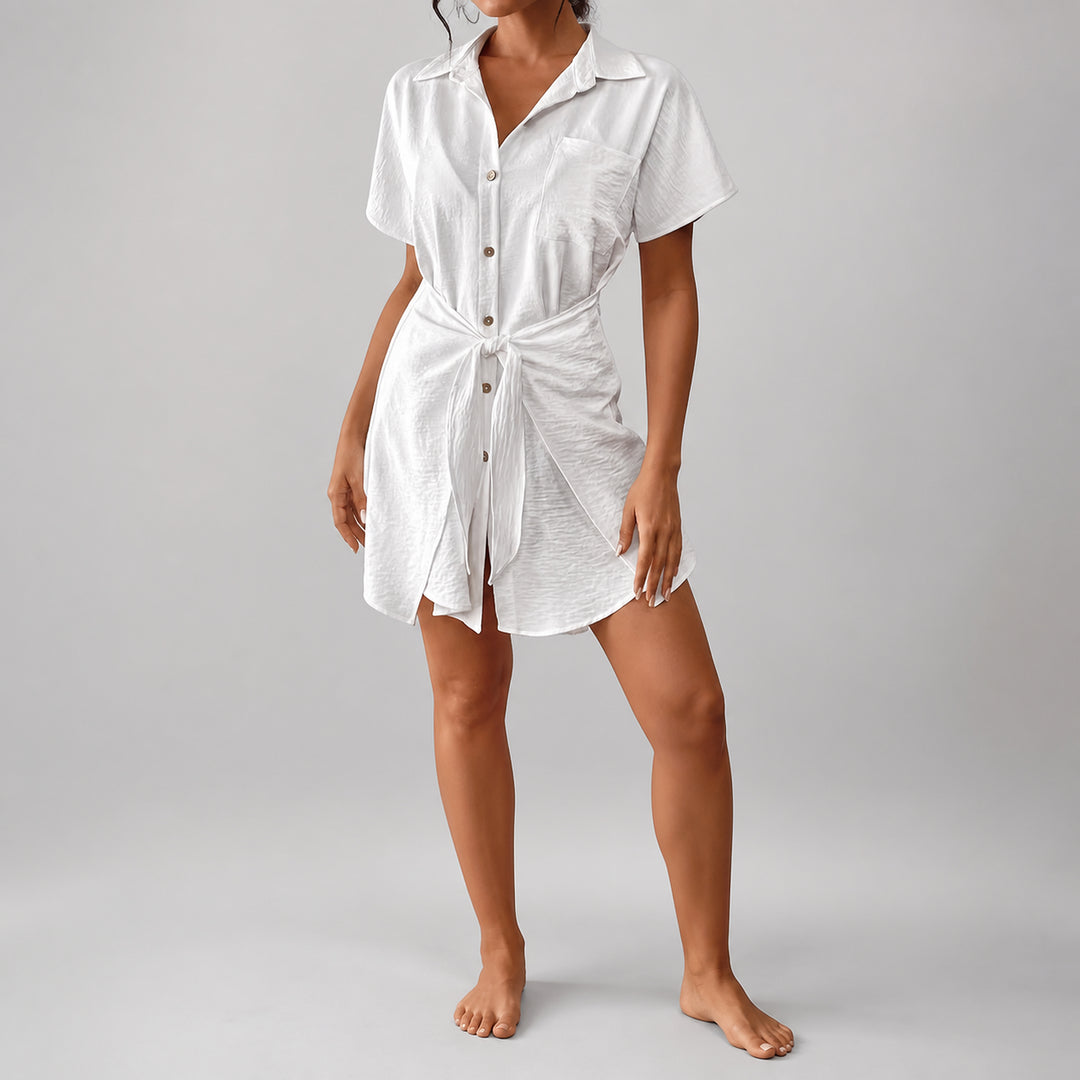 The Elara tie-waist cover-up shirt in White, front view