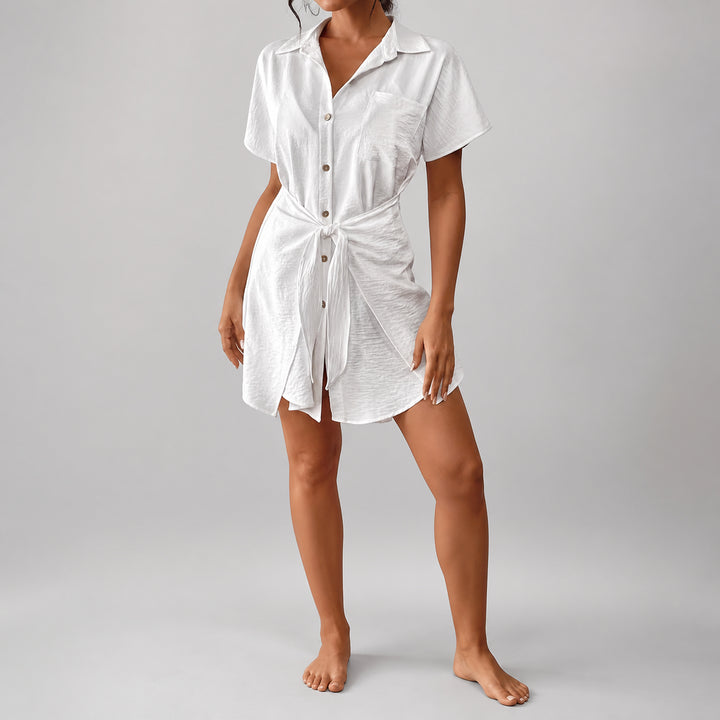 The Elara tie-waist cover-up shirt in White, front view