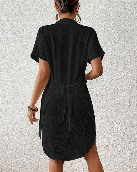 Black cover-up shirt back view with waist tie