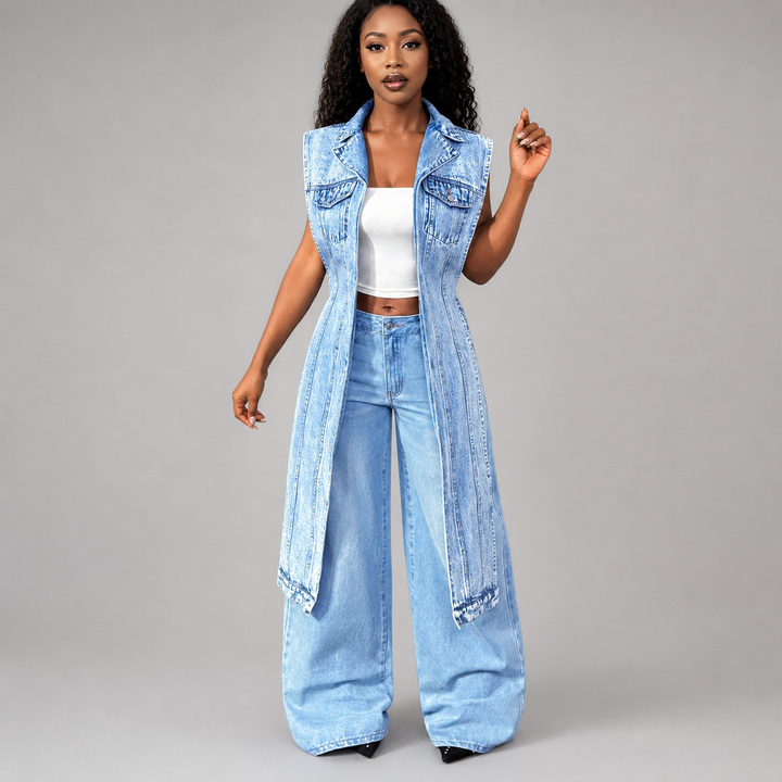 The Elara longline sleeveless denim vest in Light Blue, clean studio front view
