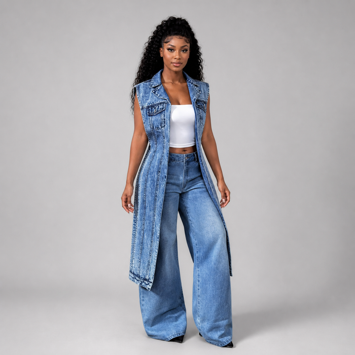 The Elara longline sleeveless denim vest in Dark Blue, clean studio front view