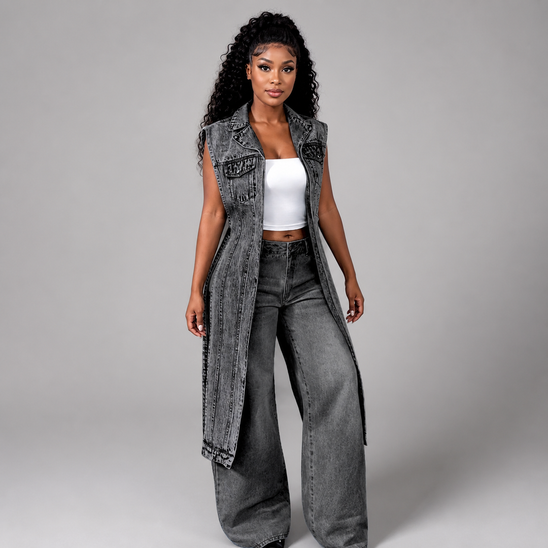 The Elara longline sleeveless denim vest in Gray, clean studio front view