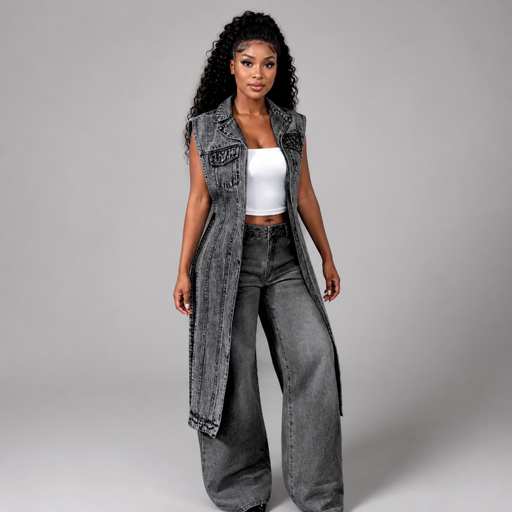 The Elara longline sleeveless denim vest in Gray, clean studio front view