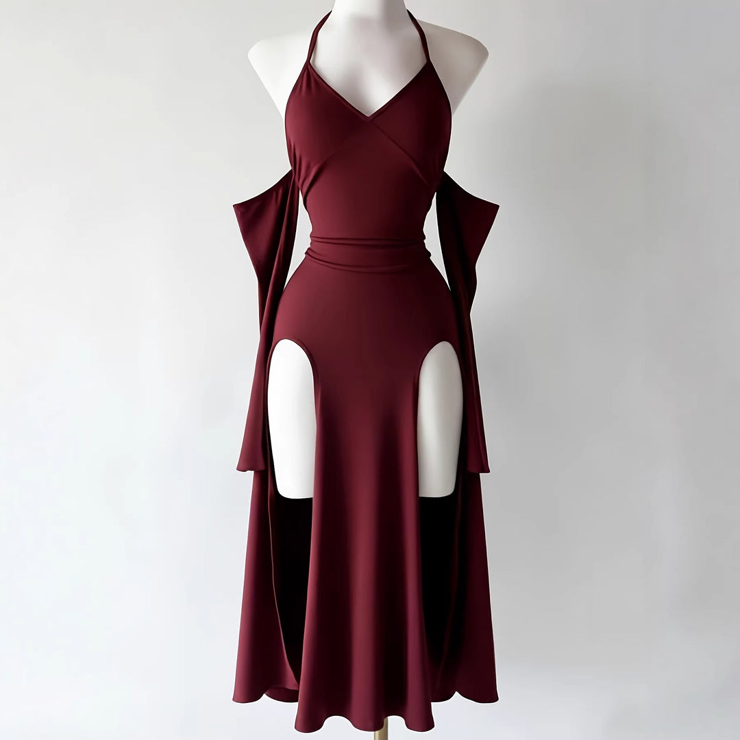 The Elara gothic high-slit dress in Burgundy, front view