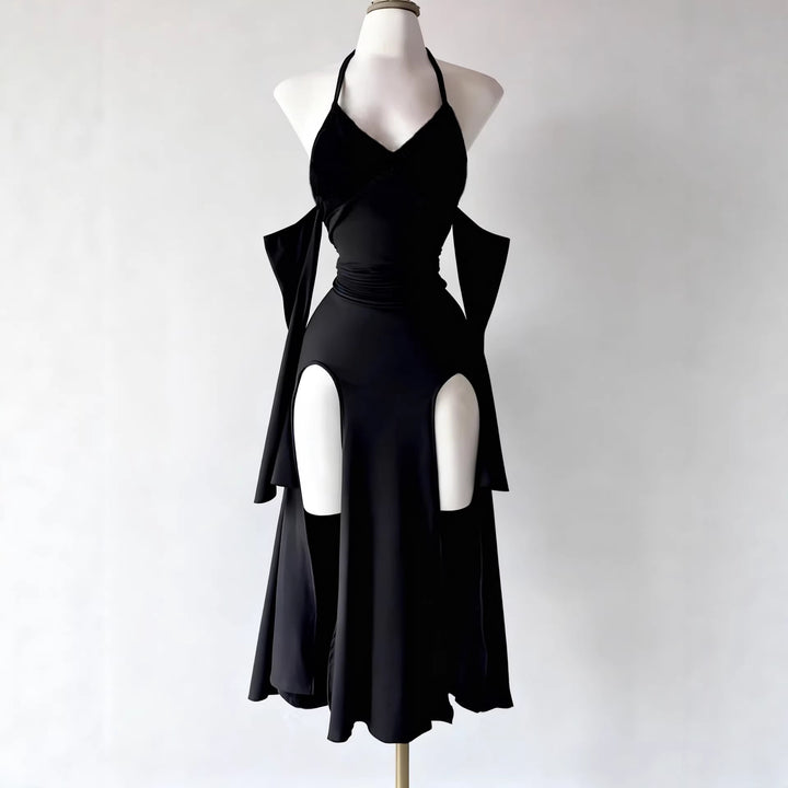 The Elara gothic high-slit dress in Black, front view