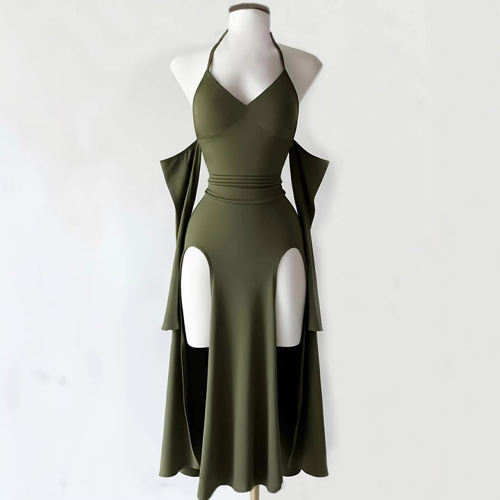 The Elara gothic high-slit dress in Army Green, front view