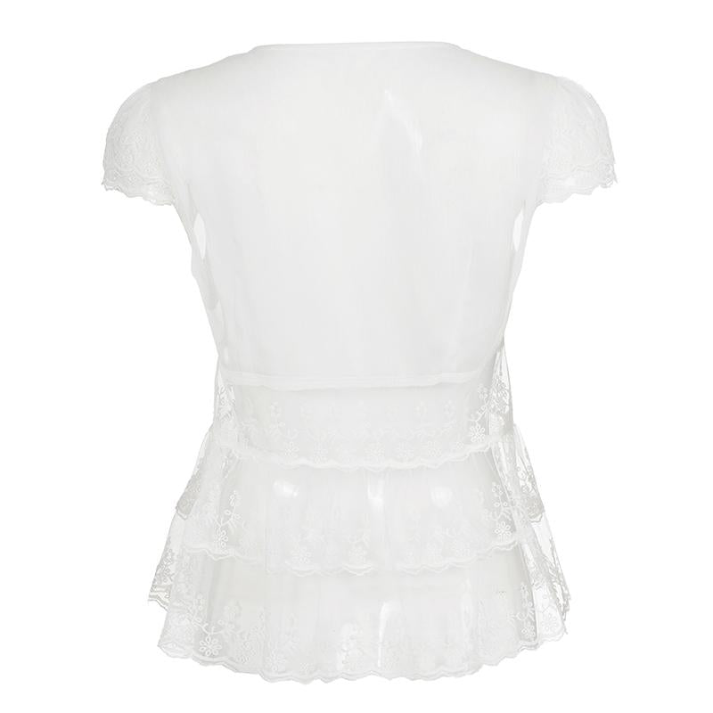 The Elara sheer lace peplum top front product view