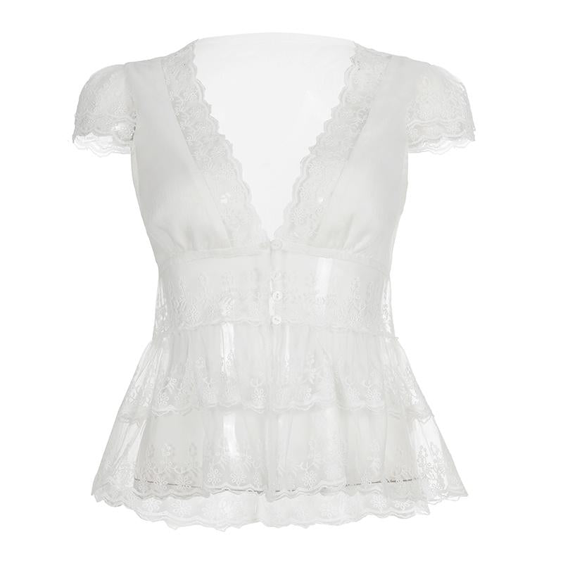 The Elara sheer lace peplum top alternate product view