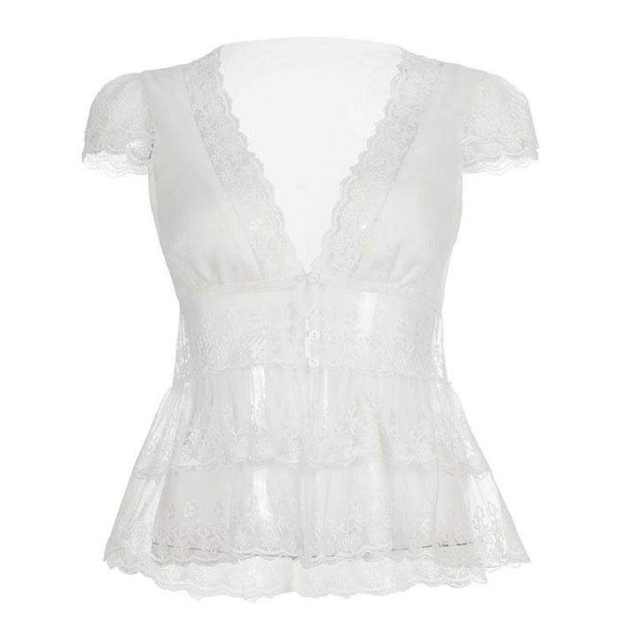 The Elara sheer lace peplum top alternate product view