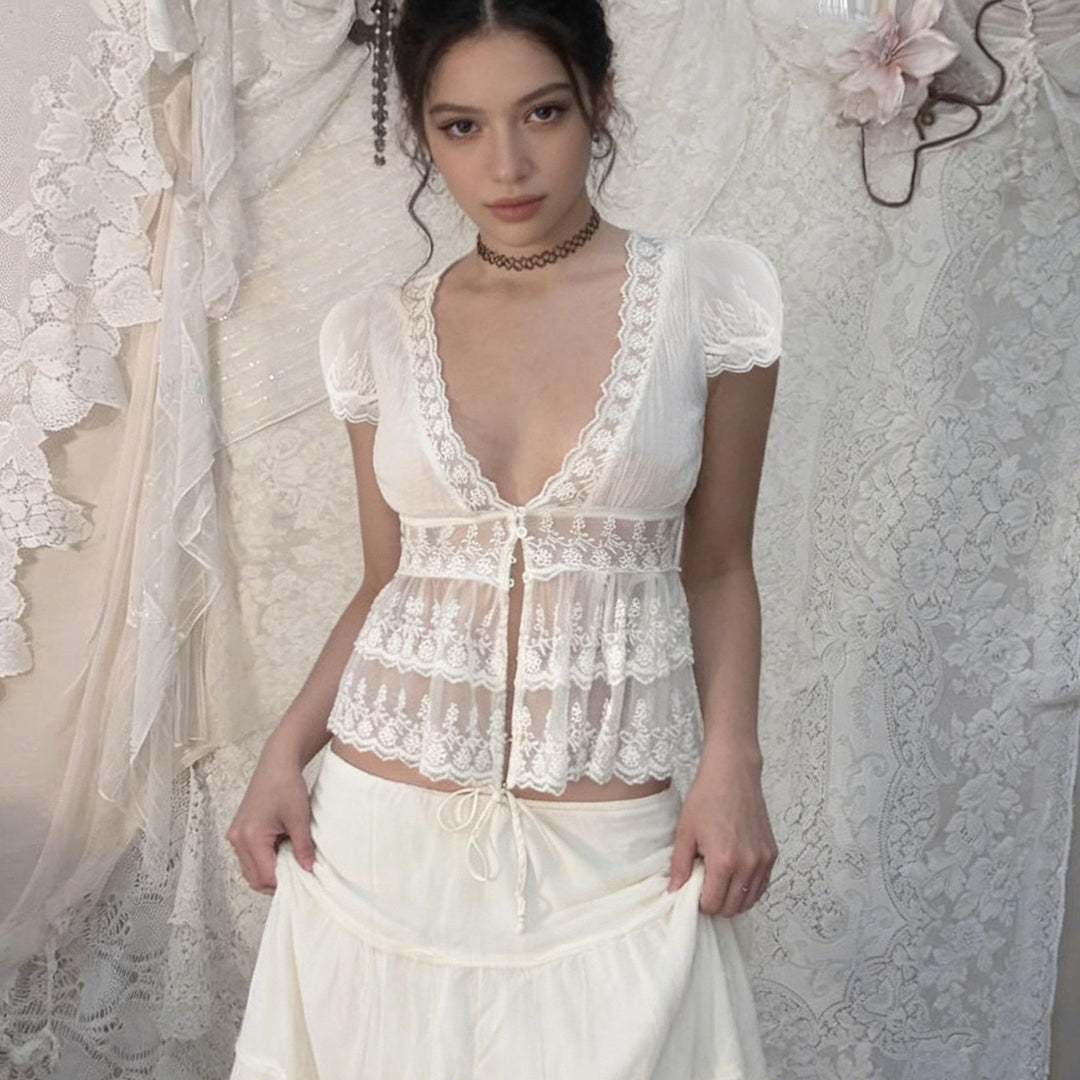 White sheer lace plunge peplum top front styling view