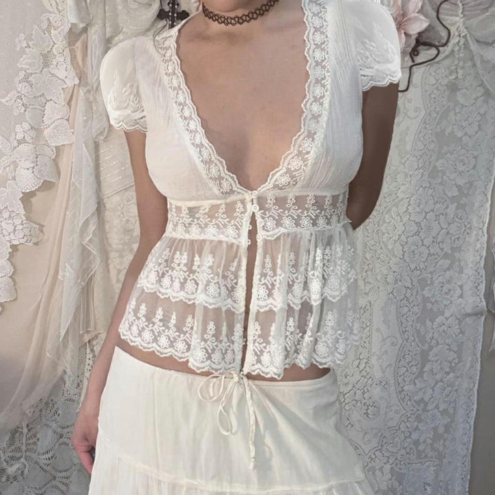 White lace peplum top neckline and waist view