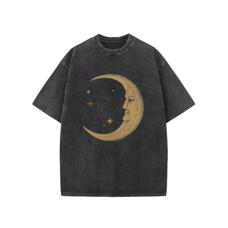 The Elara washed cotton crescent moon graphic T-shirt in Black, front view
