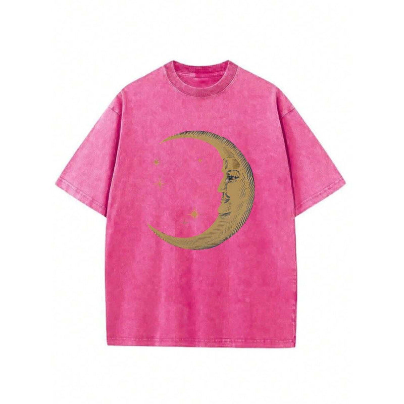 The Elara washed cotton crescent moon graphic T-shirt in Hot Pink, front view