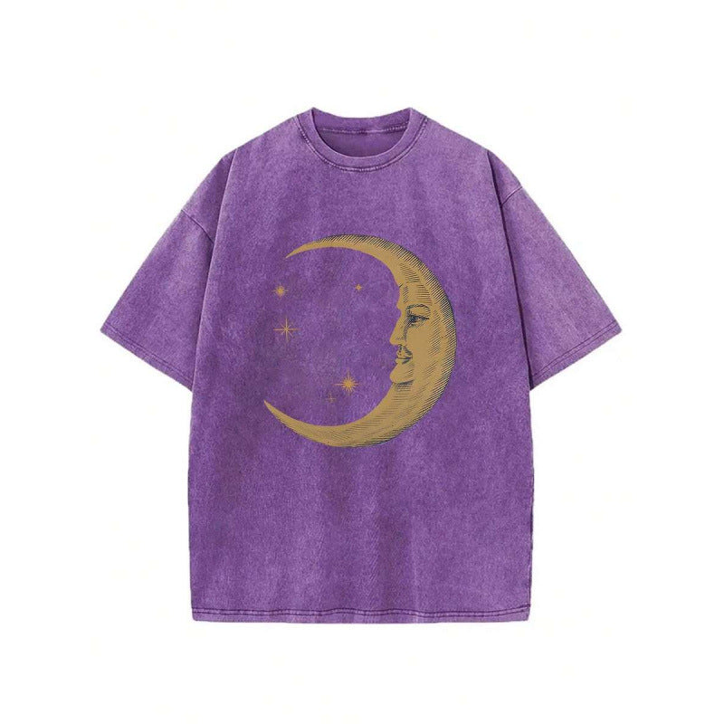 The Elara washed cotton crescent moon graphic T-shirt in Purple, front view