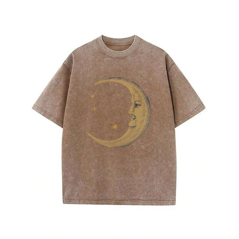 The Elara washed cotton crescent moon graphic T-shirt in Brown, front view