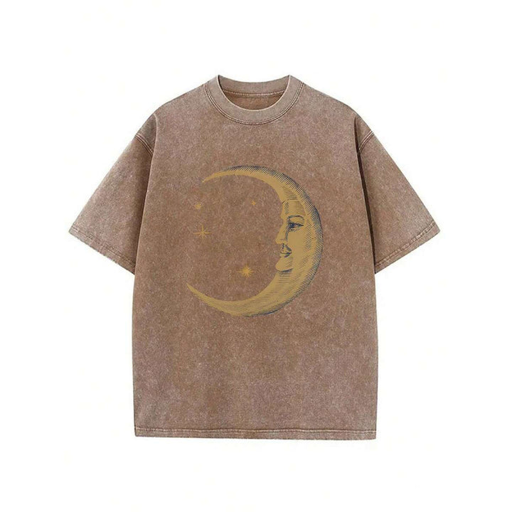 The Elara washed cotton crescent moon graphic T-shirt in Brown, front view