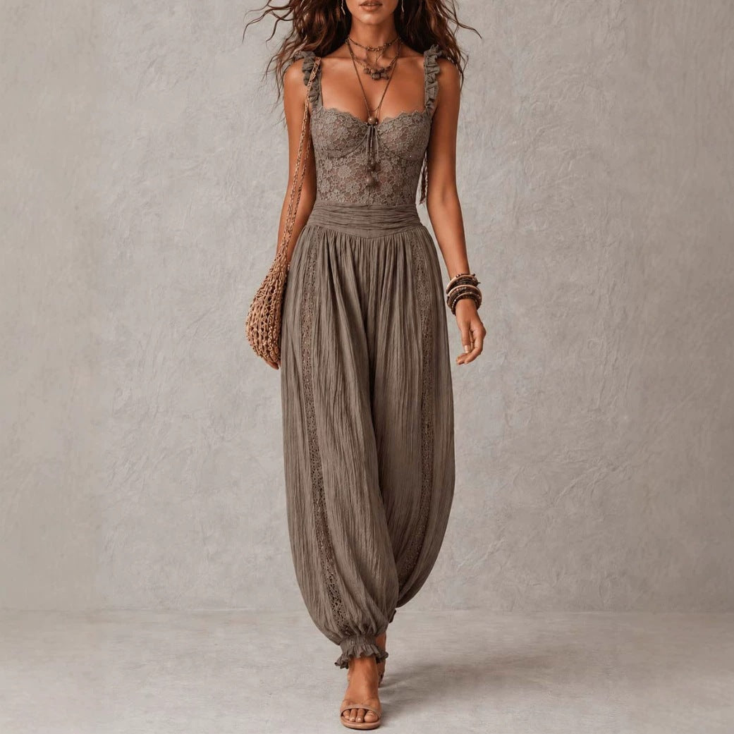 The Elara lace-bodice draped jumpsuit in Gray, front view