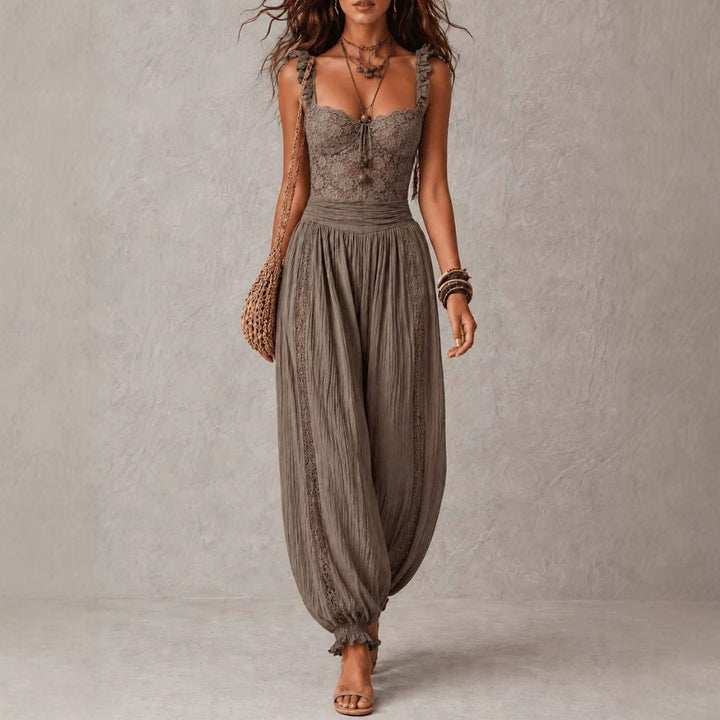 The Elara lace-bodice draped jumpsuit in Gray, front view