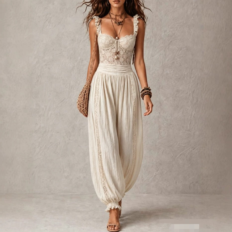 The Elara lace-bodice draped jumpsuit in Cream, front view