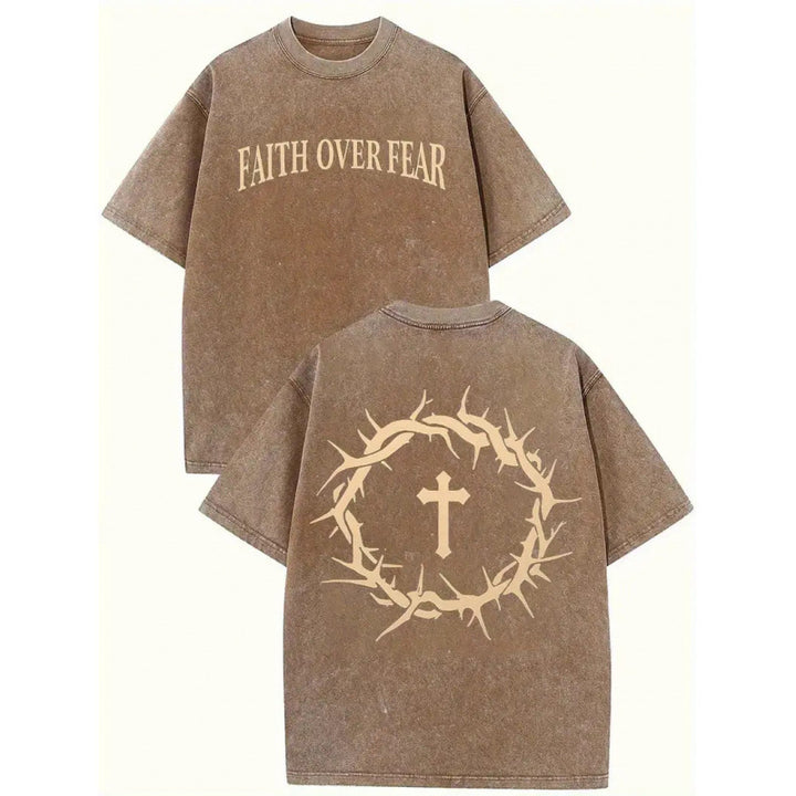 The Elara washed cross graphic tee in Coffee, front and back views