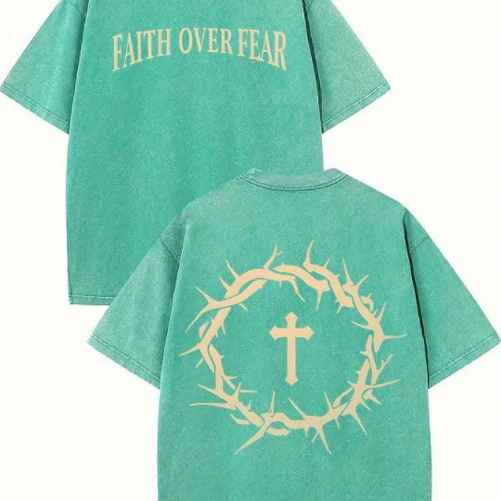 The Elara washed cross graphic tee in Fruit Green, front and back views
