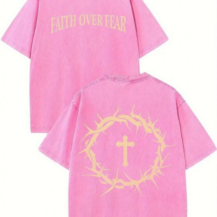 The Elara washed cross graphic tee in Hot Pink, front and back views