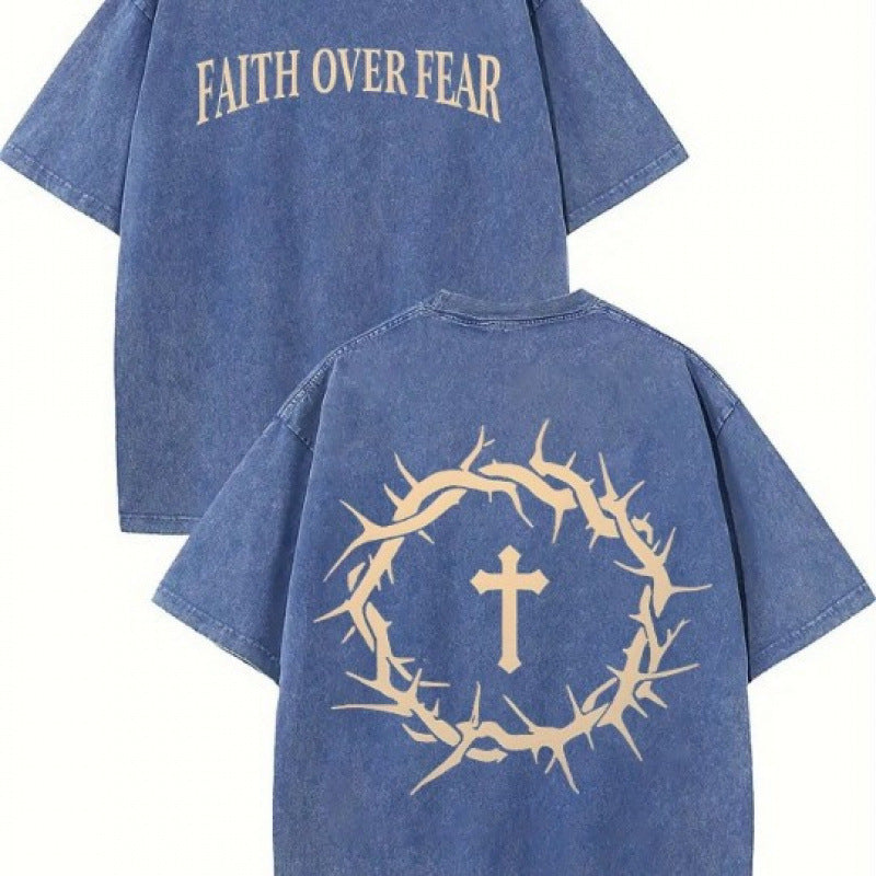 The Elara washed cross graphic tee in Navy, front and back views