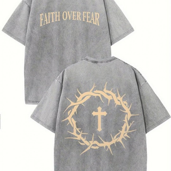The Elara washed cross graphic tee in Light Gray, front and back views