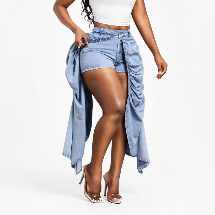 The Elara draped denim overlay shorts, side front view