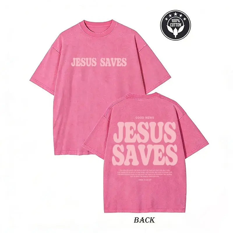 The Elara Jesus Saves washed cotton tee in Pink, front and back views