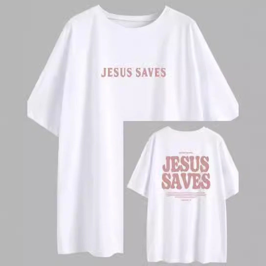 The Elara Jesus Saves washed cotton tee in White, front and back views