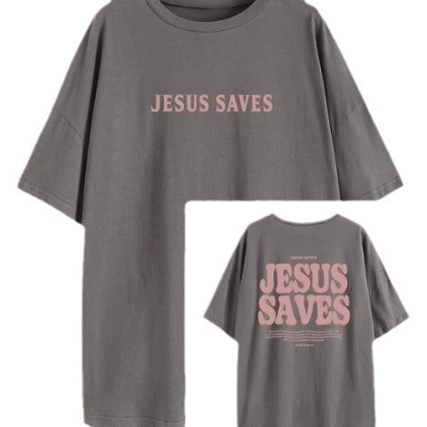 The Elara Jesus Saves washed cotton tee in Dark Gray, front and back views