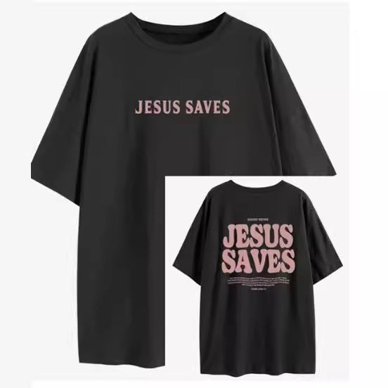 The Elara Jesus Saves washed cotton tee in Black, front and back views
