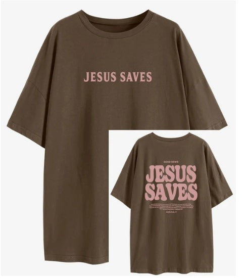 The Elara Jesus Saves washed cotton tee in Coffee, front and back views