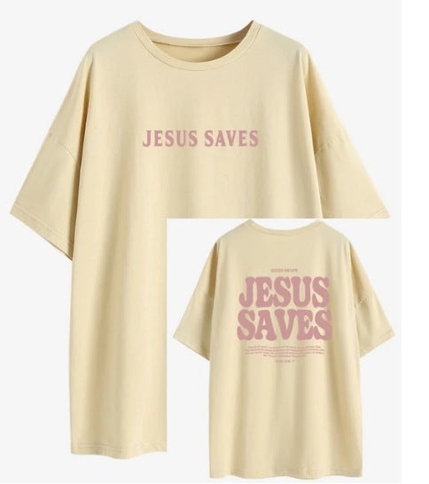 The Elara Jesus Saves washed cotton tee in Khaki, front and back views