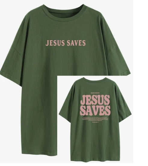 The Elara Jesus Saves washed cotton tee in Army Green, front and back views